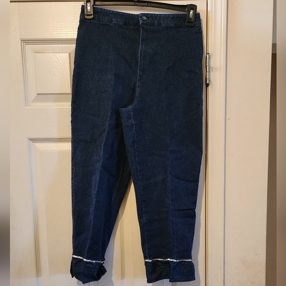 Dark Cropped Jeans. 34 in. Embellished @ Bottom. Elastic In Waist. No Pockets.